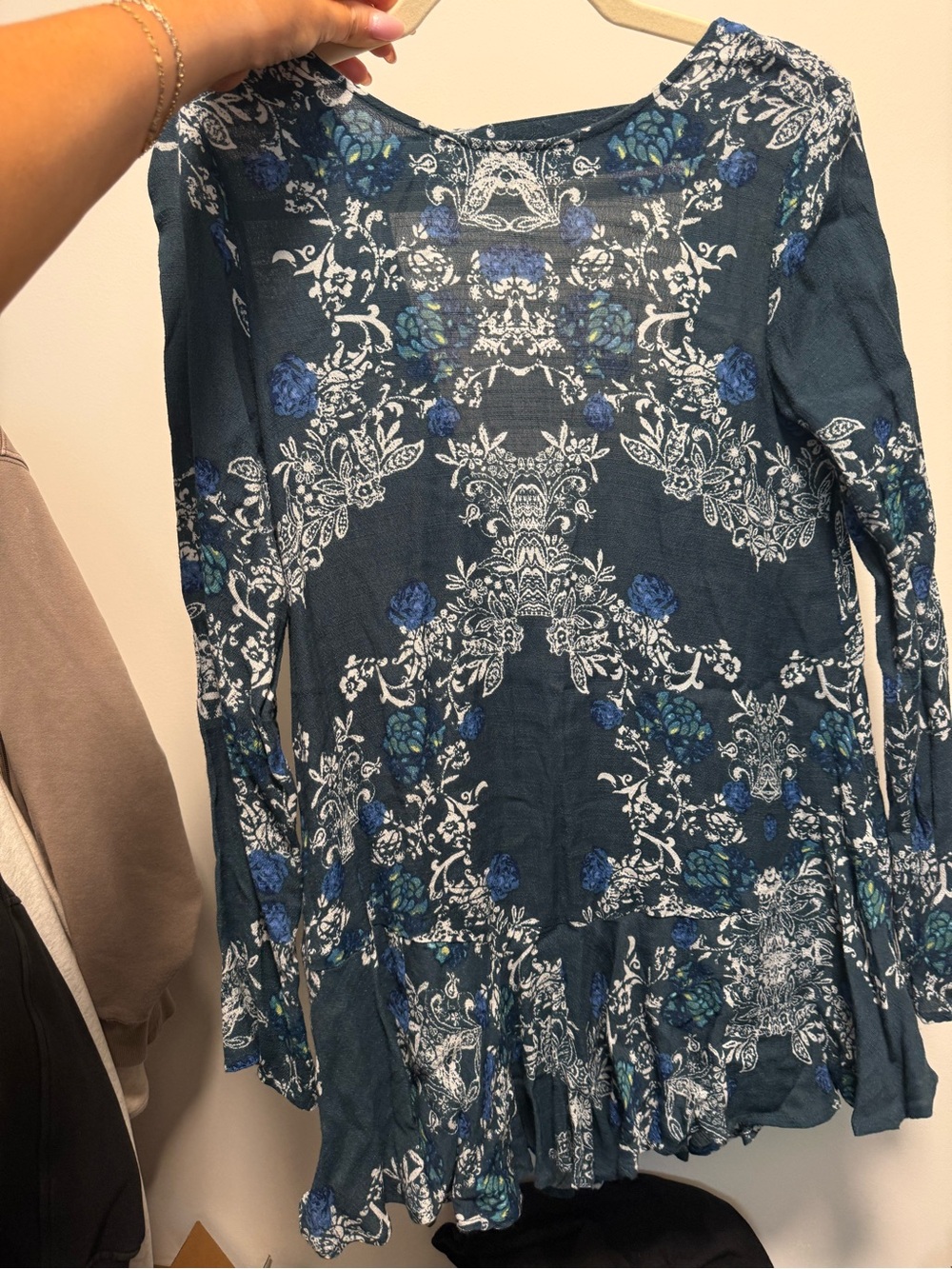 Free People Teal Floral Long Sleeve Tunic